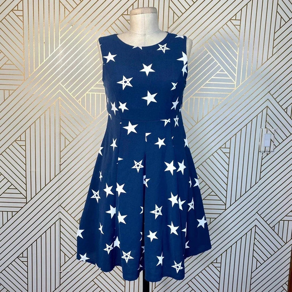 Moussy Blue‎ Star Printed Pleated Fit & Flare Dress - Picture 1 of 11